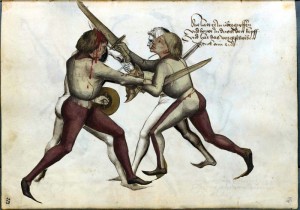 1467 illustration of an underarm bind using a sword and buckler