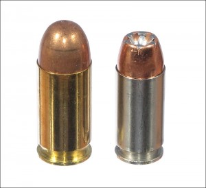 standard cartridge with ball bullet next to cartridge with hollowpoint bullet
