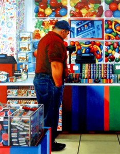 man in a candy store