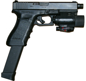 glock 17 tricked out with laser sight extended magazine threaded barrel